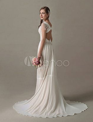 Boho Wedding Dresses Gypsy Lace Chiffon Summer Beach Dress V Neck Backless Champagne Bridal Gown With Train