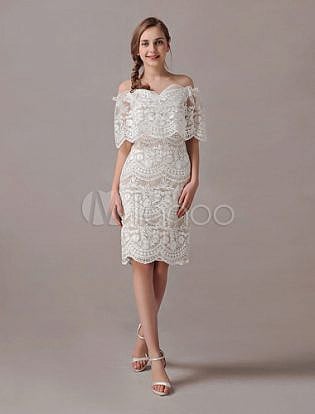 Boho Wedding Dresses Short Lace Off The Shoulder Champagne Sheath Bridal Dress