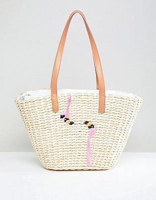 Chateau Straw Beach Bag With Embroidered Flamingos