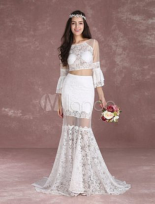 Crop Top Wedding Dresses 2018 Boho Beach Summer Bridal Dress Lace Mermaid Illusion Bell Sleeve Illusion Cut Out Bridal Dress With Train Milanoo