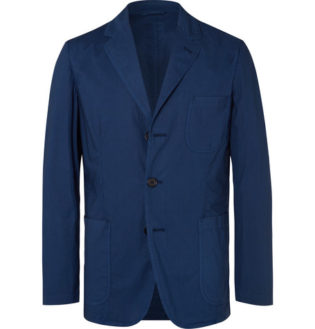 Dark Blue Slim Fit Unstructured Garment Dyed Cotton Blazer