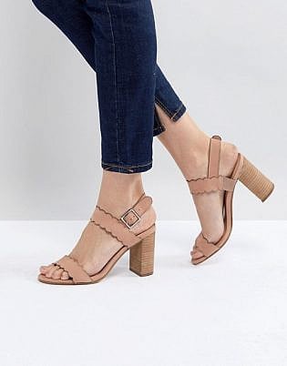 Dune Two Part Block Heel Scalloped Leather Sandal In Blush