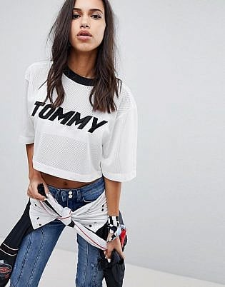 Gigi Hadid Tommy Logo Mesh Crop T Shirt
