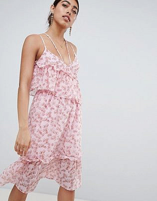 Lost Ink Asymmetric Midi Dress With Ruffle Layer In Ditsy Floral Print