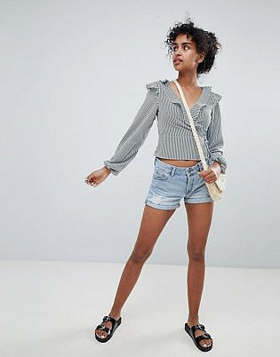 Monki Distressed Denim Shorts In Light Blue