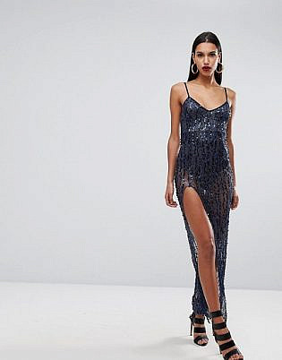 Naanaa Cami Maxi Dress With Thigh Split In Sequin