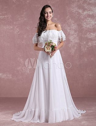 Summer Wedding Dresses 2018 Beach Boho Tassels Chiffon Bridal Dress Off The Shoulder A Line Bridal Gown With Court Train Milanoo