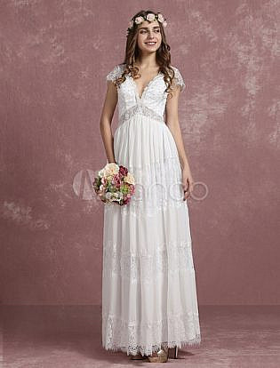 Summer Wedding Dresses 2018 Boho Beach Bridal Gown Lace Beading Chiffon Deep V Neck Cap Sleeve A Line Illusion Back Ankle Length Bridal Dress