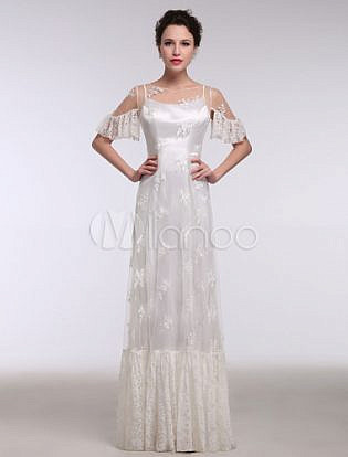 Summer Wedding Dresses 2018 Boho Beach Lace Illusion Ruffle Short Sleeve Bridal Gown Floor Length Shift Bridal Dress