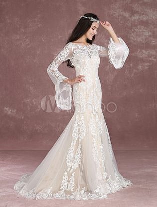 Summer Wedding Dresses 2018 Boho Beach Mermaid Bridal Dress Lace Applique Keyhole Bateau Fishtail Champagne Bridal Gown With Train Milanoo
