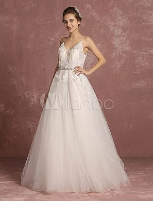Summer Wedding Dresses 2018 Boho Lace Flowers Applique Tulle Bridal Gown A Line Beaded Sash Spaghetti Straps Floor Length Bridal Dress