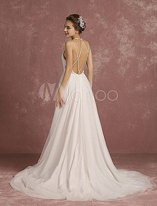 Summer Wedding Dresses 2018 Boho Spaghetti Strap Sweetheart Sleeveless Bridal Gown A Line Criss Cross Backless Bridal Dress With Train