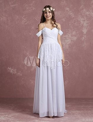 Summer Wedding Dresses 2018 Boho White Lace Chiffon Bridal Gown Off The Shoulder Sweetheart Spaghetti Straps A Line Beach Bridal Dress With Train