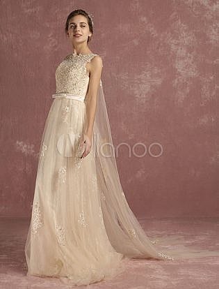 Summer Wedding Dresses 2018 Lace Boho Applique Beading Bow Sash Bridal Gown A Line Round Neck Sleeveless Bridal Dress With Watteau Train
