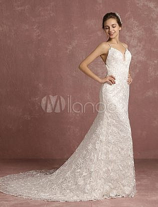 Summer Wedding Dresses 2018 Lace Boho Cathedral Train Bridal Gown Mermaid Spaghetti Straps V Neck Backless Bridal Dress
