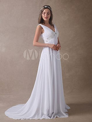 Summer Wedding Dresses White Empire Waist V Neck Beaded Chiffon Beach Bridal Gowns