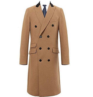 The Platinum Tailor Mens Double Breasted Camel Cashmere & Wool Overcoat Winter Cromby With Velvet Collar & Gold Lining