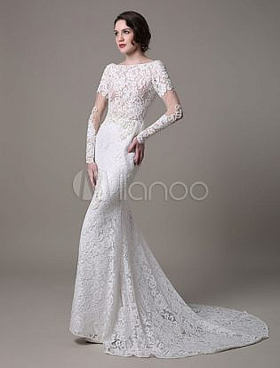 Vintage Lace Wedding Dress With Long Sheer Sleeves And Pearls Applique Milanoo