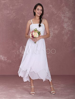 White Wedding Gown Straps Embroidered Tiered Ruffles Wedding Dress
