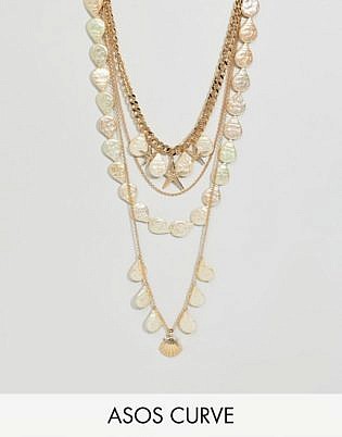 Asos Design Curve Exclusive Multirow Necklace With Shell And Pearl Charms In Gold