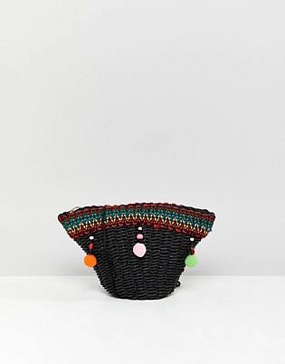 Asos Design Mini Straw Cross Body With Pom Pom Detail