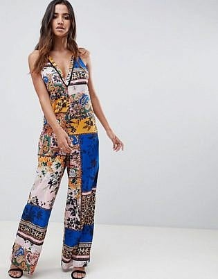 Asos Design Jumpsuit With Trim Detail In Patchwork Animal Print