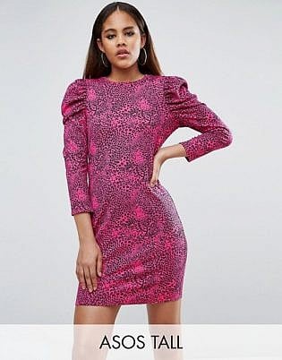 Asos Tall Crepe Mini Dress With Puff Sleeves In Animal Print