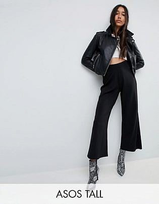 Asos Tall Cropped Black Wide Leg Pants In Jersey Crepe