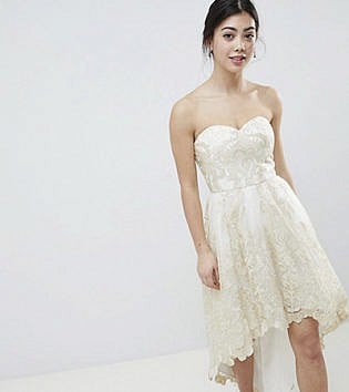 Chi Chi London Petite Premium Lace Bardot Prom Dress With Extreme High Low Hem