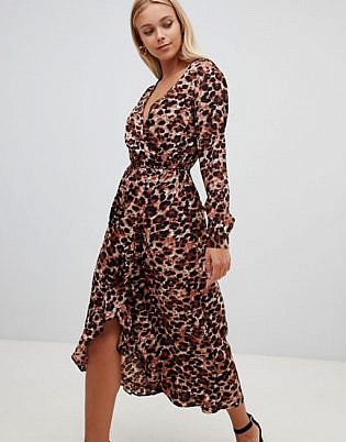 Influence Leopard Print Wrap Midi Dress With Ruffle