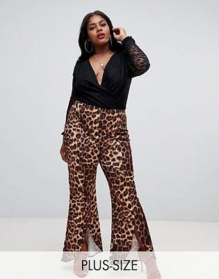 Lasula Plus Front Split Flared Pant In Leopard Print