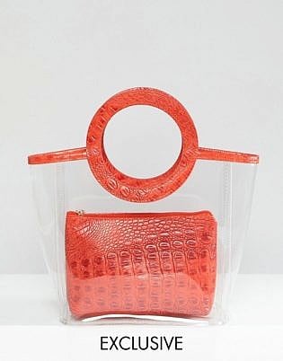 My Accessories Clear Plastic Tote Bag With Faux Croc Pouch And Handles