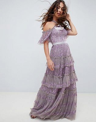Needle And Thread Embroidered Lace Cold Shoulder Maxi Gown In Lavender