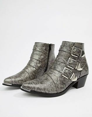 Pieces Snake Effect Buckle Ankle Boot