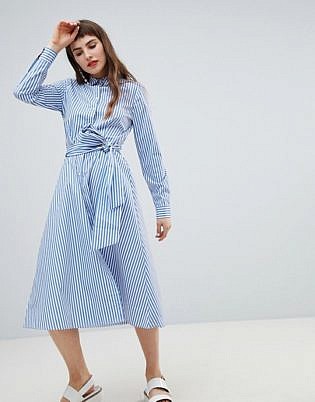 Stradivarius Stripe Cuff Button Front Shirt Dress