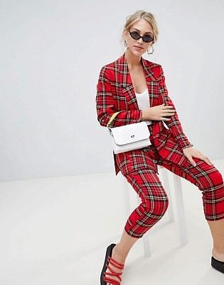 Stradivarius Red Tartan Longline Blazer & Pant Suit