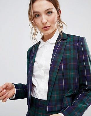 Unique 21 Cropped Blazer In Tartan Co Ord