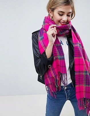 Asos Design Check Scarf With Tassels In Hot Pink