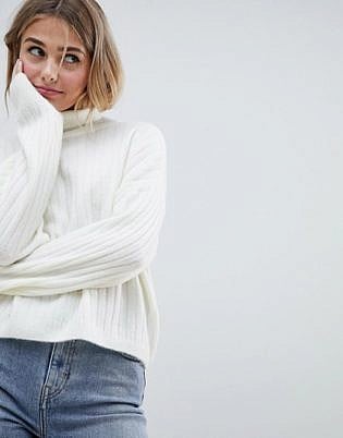 Asos Design Fluffy Jumper In Rib With Roll Neck
