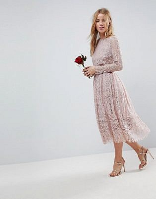 Asos Design Lace Long Sleeve Midi Prom Dress