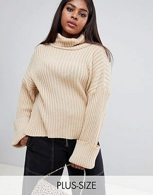 Boohoo Plus Roll Neck Cable Knit Jumper In Camel