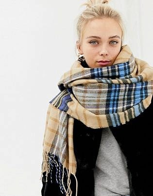 New Look Camel And Blue Check Scarf
