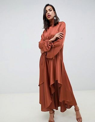 Asos Design Scarf Neck Satin Maxi With Extreme Sleeve