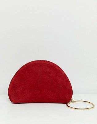 Asos Design Suede Half Moon Clutch With Wristlet Ring Detail