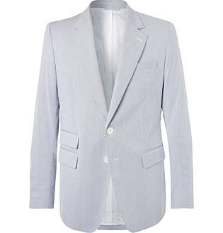 Blue Slim Fit Striped Cotton Seersucker Blazer