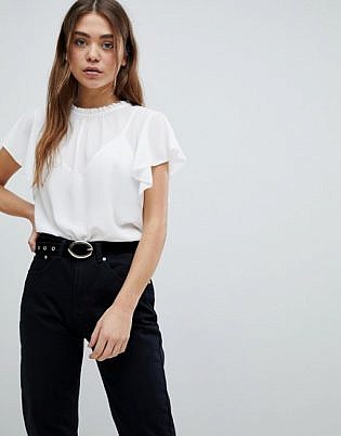 Boohoo Basic Frill Sleeve Blouse In White