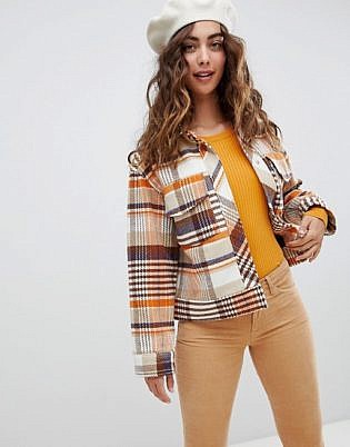 Monki Trucker Jacket In Brown Check Print