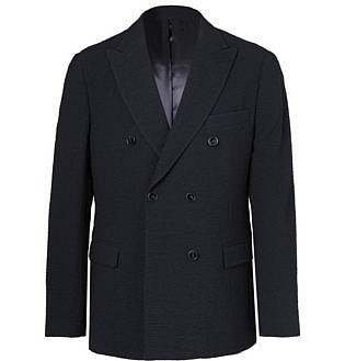 Navy Double Breasted Stretch Wool Seersucker Blazer