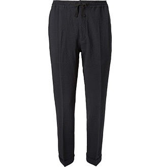 Navy Tapered Wool Blend Seersucker Drawstring Trousers