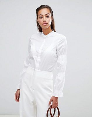 Sisley Collarless Elasticated Sleeve Detail Shirt